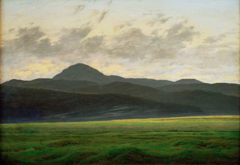 „Berglandschaft in Böhmen“ von Caspar David Friedrich – romantische Gebirgslandschaft mit Felsen, Bergen und weiter Natur.