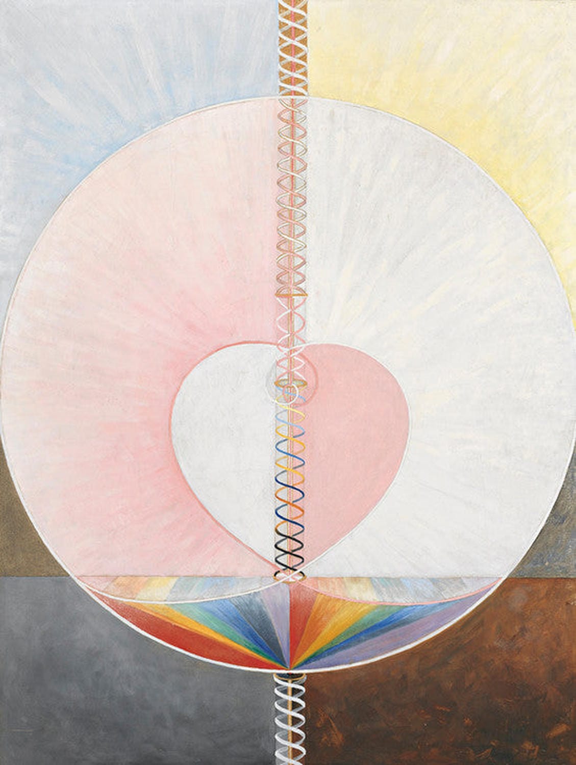 Kunstdruck von Hilma af Klints Group IX/UW, Nr. 25, Die Taube, Nr. 1, der ein zentrales Spiralmotiv zeigt, das die Leinwand in leuchtenden Farben teilt.