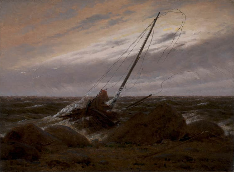„Nach dem Sturm“ von Caspar David Friedrich – zeigt ein gestrandetes Schiff an der Küste nach einem Unwetter.