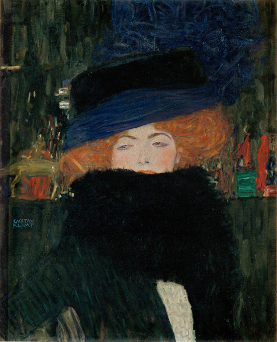 Porträt einer elegant gekleideten Frau mit Hut im Jugendstil von Gustav Klimt.