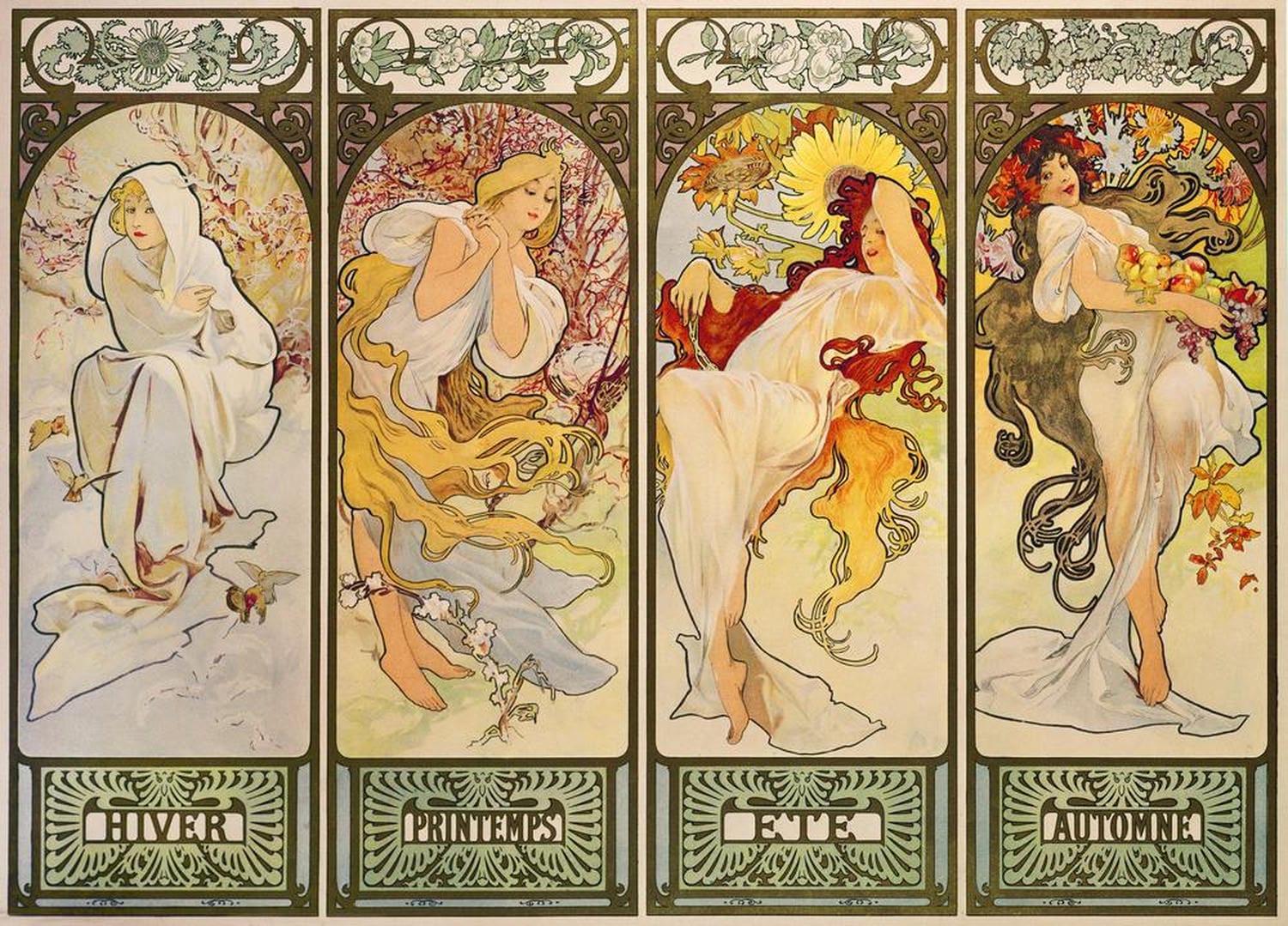 Die vier Jahreszeiten von Alfons Mucha: Ein wunderschönes Gemälde im Jugendstil, das die vier Jahreszeiten durch symbolisierte Frauenfiguren darstellt, jede umgeben von floralen Mustern und ornamentalen Elementen, die die jeweilige Jahreszeit widerspiegeln.