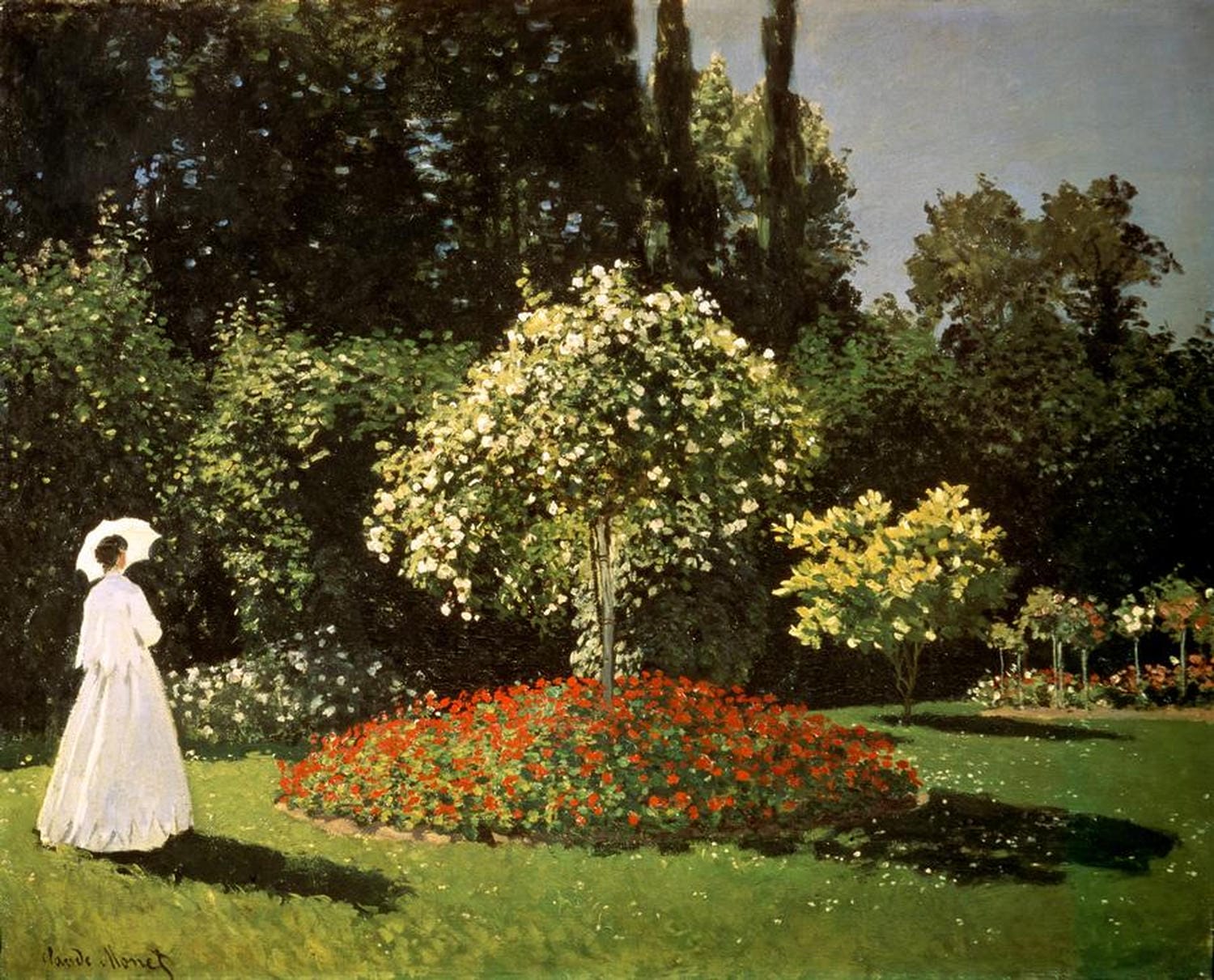 Impressionistisches Gemälde einer Frau in einem blühenden Garten, von Claude Monet.