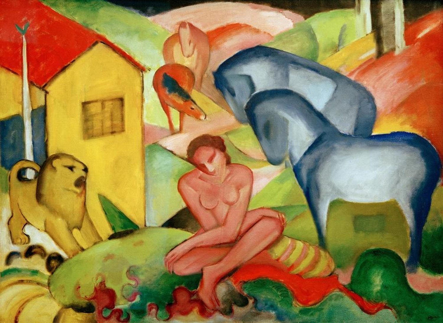 Farbstarke Tierkomposition in expressivem Stil – Franz Marcs „Der Traum“.