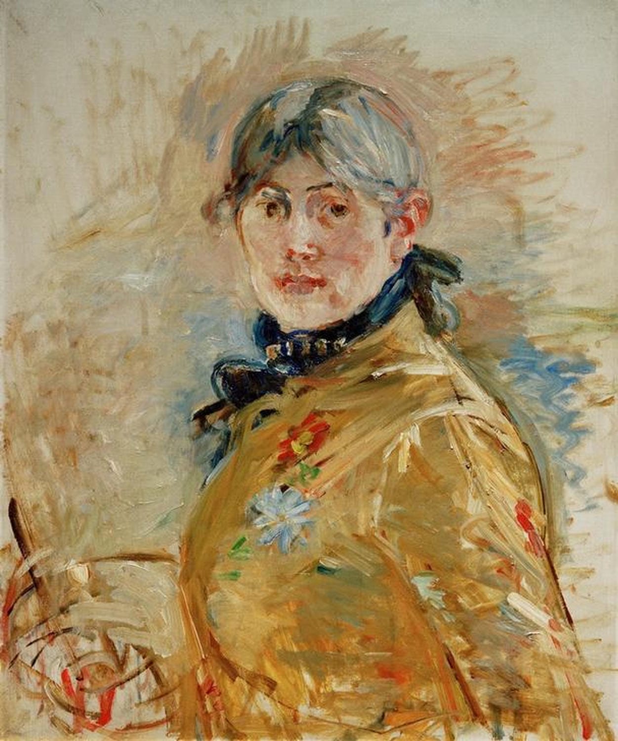 Kunstdruck von Berthe Morisots Selbstportrait, das die Künstlerin in einem Moment der Selbstreflexion zeigt, mit sanften Farben und subtiler Pinselführung im impressionistischen Stil.