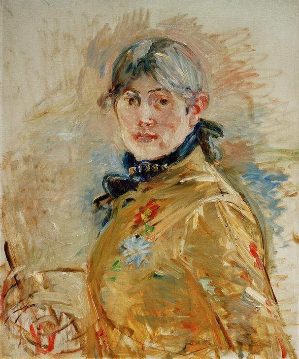 Kunstdruck von Berthe Morisots Selbstportrait, das die Künstlerin in einem Moment der Selbstreflexion zeigt, mit sanften Farben und subtiler Pinselführung im impressionistischen Stil.