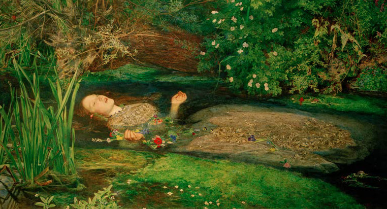 Gemälde „Ophelia“ von John Everett Millais, Frau treibt in Blumenfluss, präraffaelitische Malerei aus dem 19. Jahrhundert