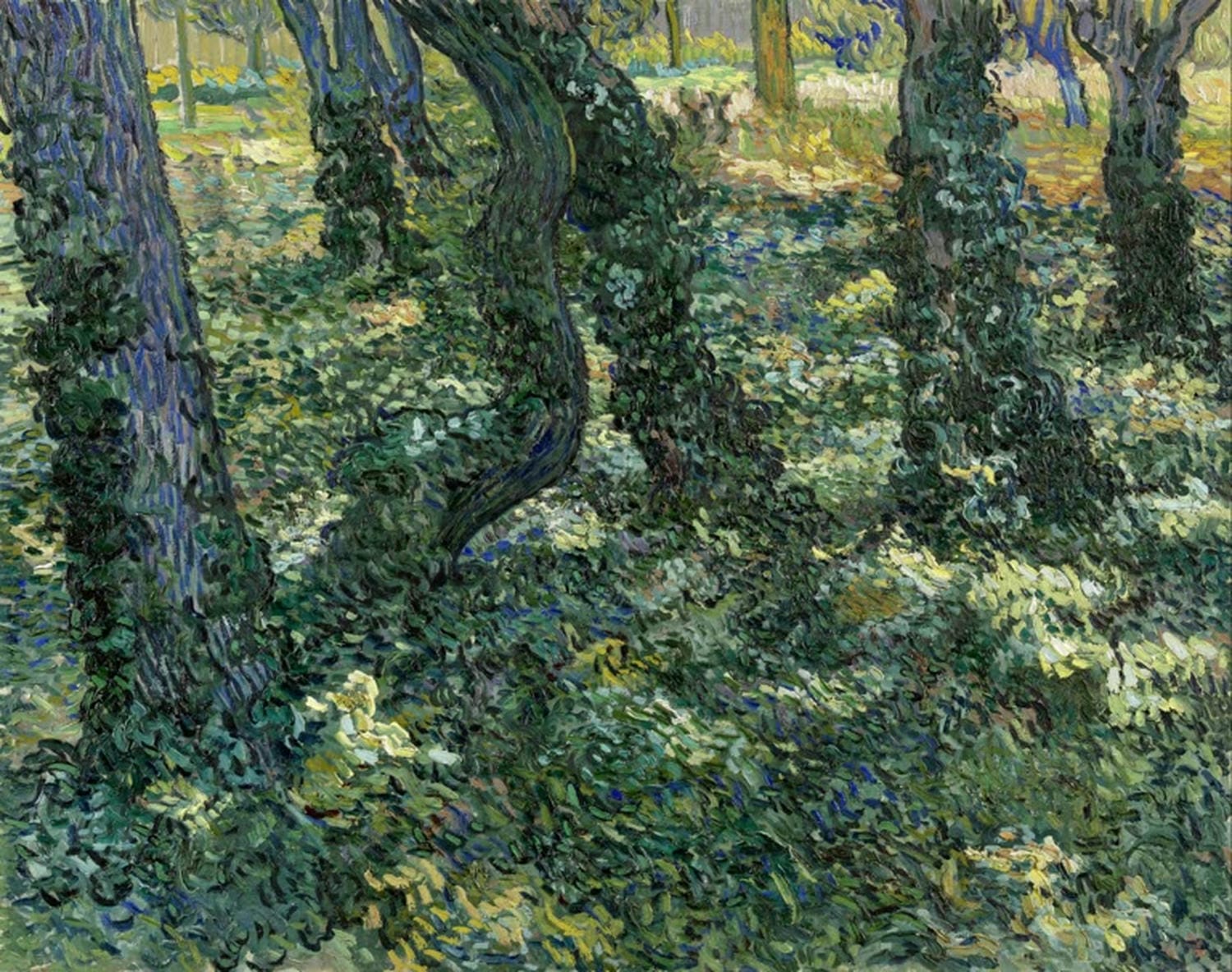 Kunstdruck des Gemäldes „Unterholz“ von Vincent van Gogh mit dichtem Wald, expressiven Pinselstrichen und kräftigen Grüntönen, perfekt für Poster oder Leinwand.