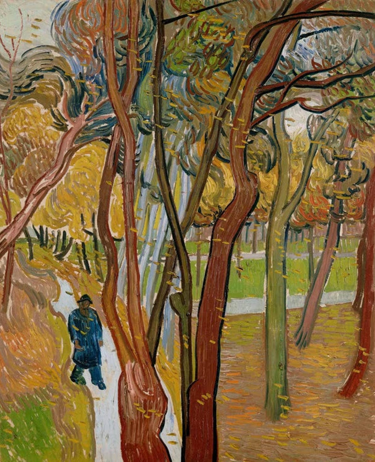 Kunstdruck „Der Garten des Hospitals Saint-Paul (Fallende Blätter)“ von Vincent van Gogh mit herbstlichen Farben, fallenden Blättern und lebendigem, expressivem Pinselstrich.