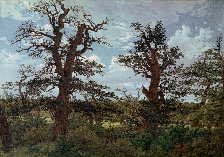 „Landschaft mit Eichen und Jäger“ von Caspar David Friedrich – romantische Landschaft mit mächtigen Eichen und einem Jäger.