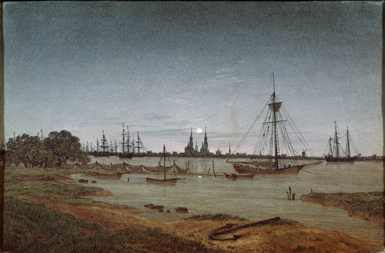 „Hafen bei Mondschein“ von Caspar David Friedrich – romantische Hafenlandschaft mit Schiffen im sanften Mondlicht.