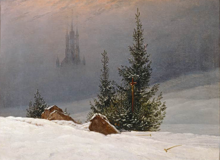 „Winterlandschaft“ von Caspar David Friedrich – verschneite romantische Landschaft mit kahlen Bäumen und ruhiger Winterstimmung.