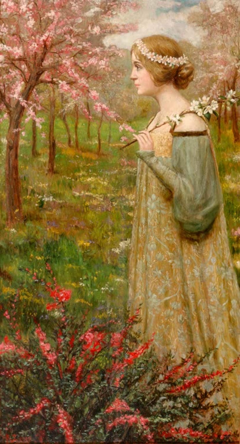 Symbolistische Frühlingsdarstellung mit weiblicher Figur, Gemälde „Frühling“ von Edmond Aman-Jean als Kunstdruck