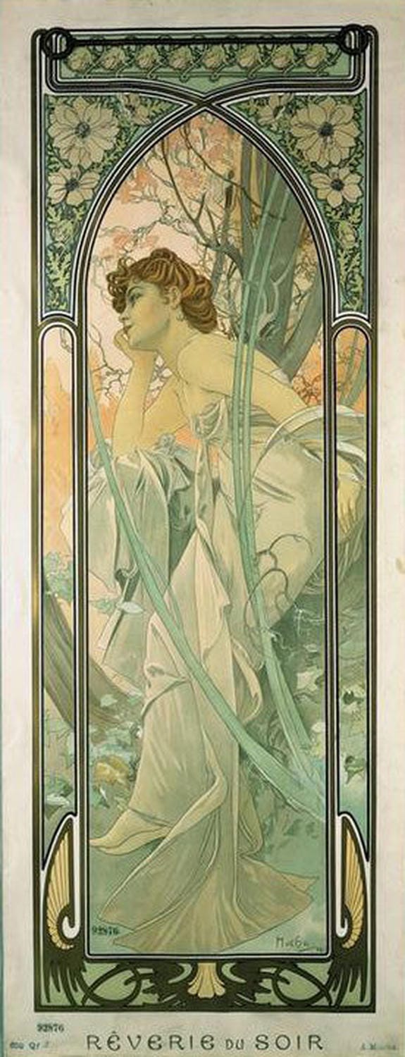 Jugendstilgemälde mit träumender Frau in fließendem Kleid, umgeben von floralen Ornamenten.