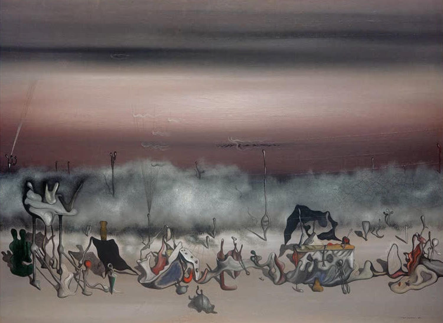 "Das Band der Exzesse" – surrealistisches Gemälde von Yves Tanguy mit abstrakten Formen.