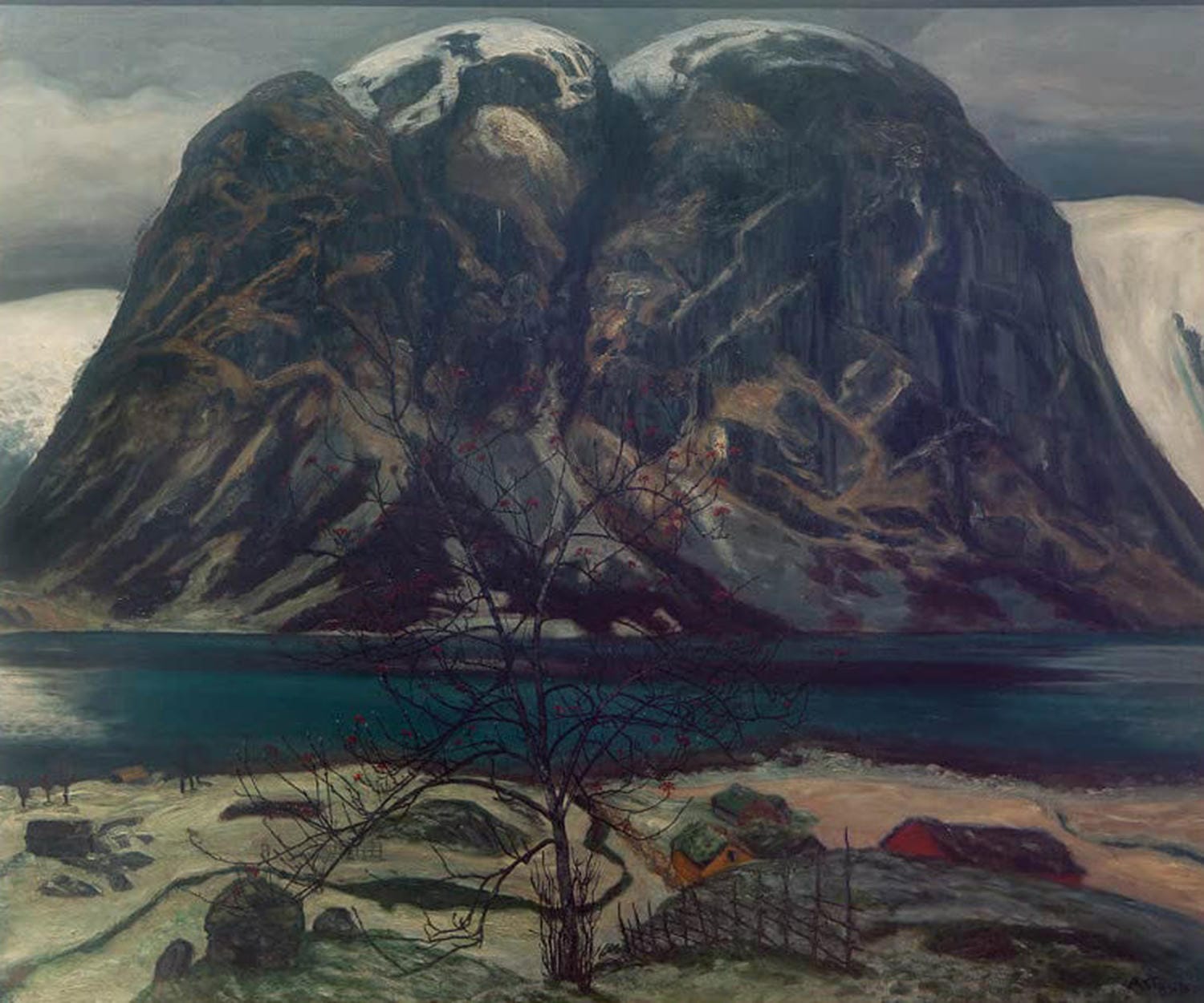 Kunstdruck Karges Gebirge (Kollen) von Nikolai Astrup zeigt karge norwegische Berglandschaft mit Felsen, Vegetation und weitem Himmel.
