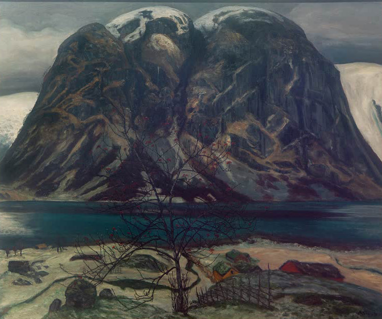Kunstdruck Karges Gebirge (Kollen) von Nikolai Astrup zeigt karge norwegische Berglandschaft mit Felsen, Vegetation und weitem Himmel.