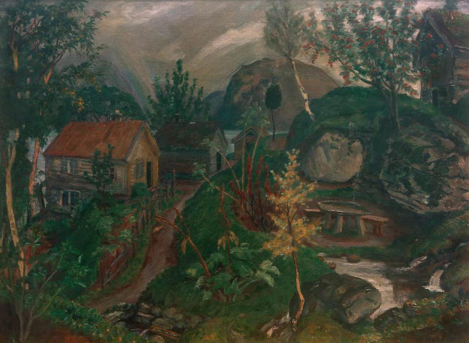 Kunstdruck Sandalstrand mit Regenbogen von Nikolai Astrup zeigt norwegische Landschaft mit Dorf, Regenbogen und leuchtenden Farben.