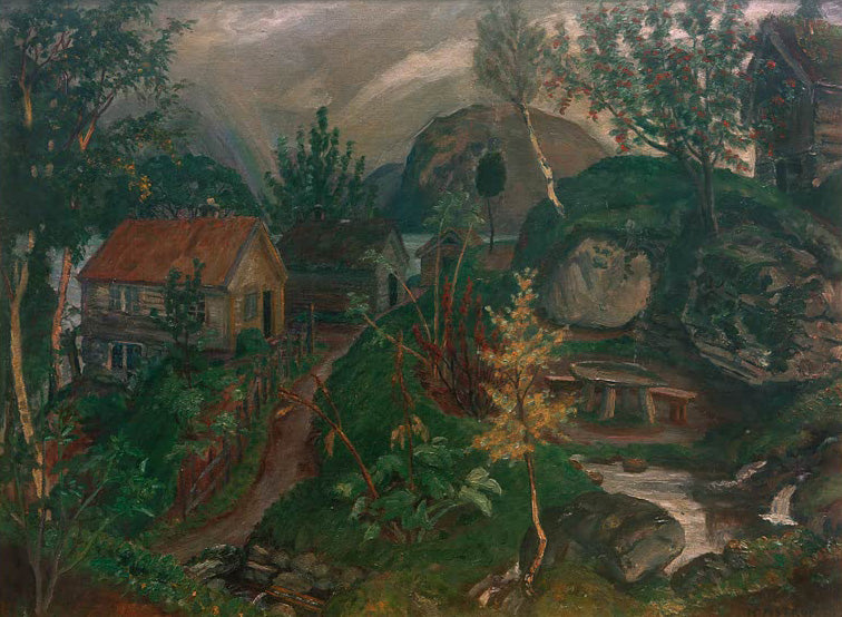 Kunstdruck Sandalstrand mit Regenbogen von Nikolai Astrup zeigt norwegische Landschaft mit Dorf, Regenbogen und leuchtenden Farben.