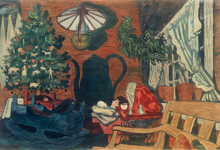 Kunstdruck Weihnachtsabend in Sandalstrand von Nikolai Astrup zeigt beleuchtete Holzhäuser in verschneiter norwegischer Landschaft.