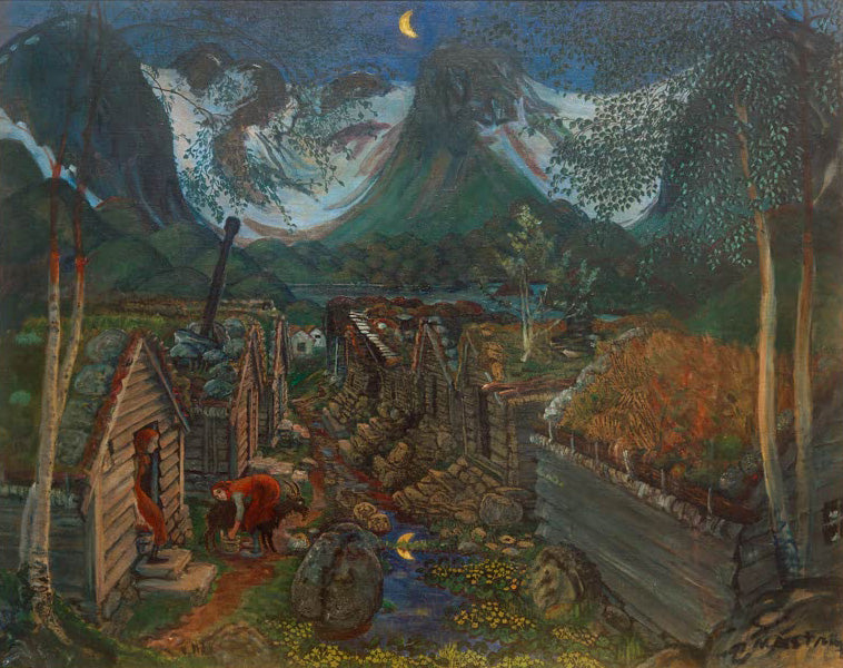 Kunstdruck Die Gehöfte am Berg Befring von Nikolai Astrup zeigt norwegische Bauernhöfe in grüner Hügellandschaft unter hellem Himmel.