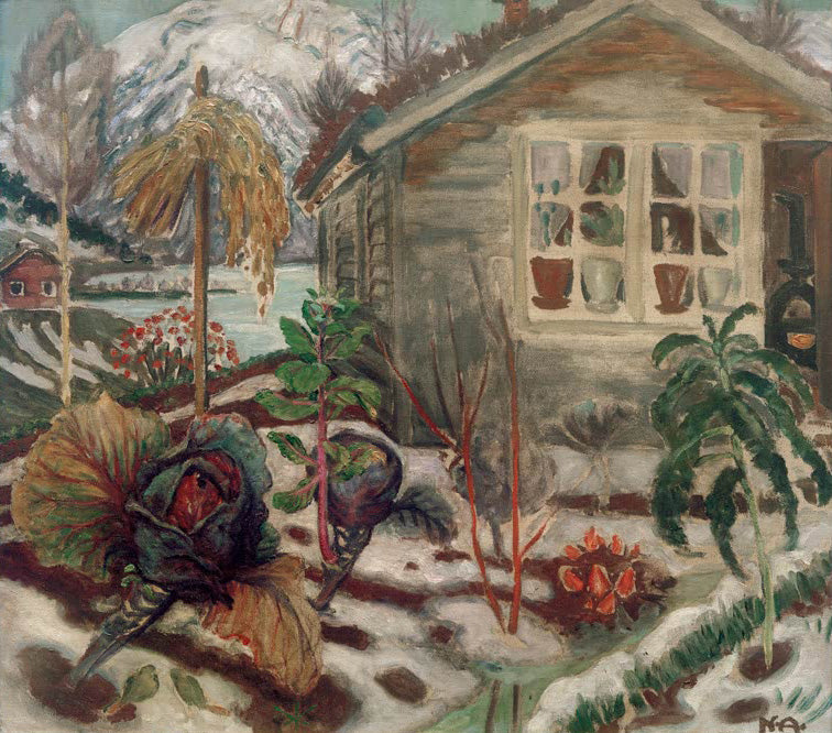 Kunstdruck Früher Schnee von Nikolai Astrup zeigt verschneite norwegische Landschaft mit herbstlichen Farben.