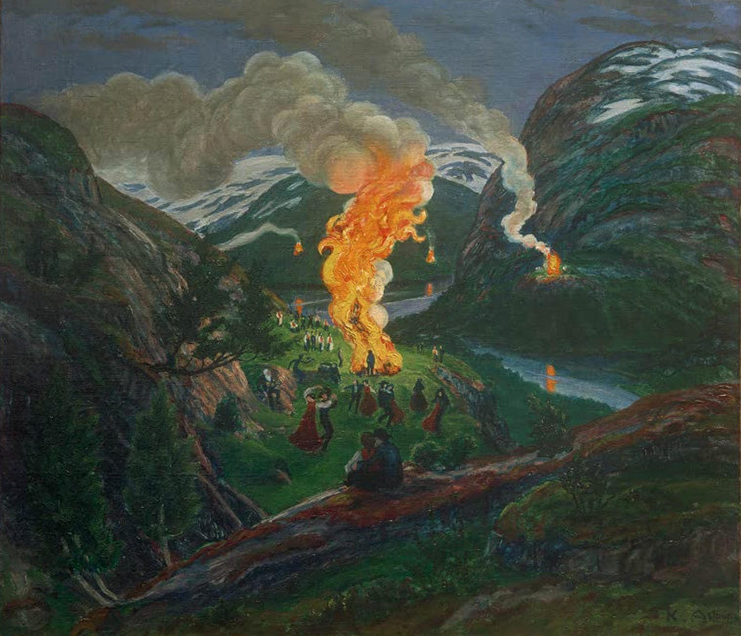 Kunstdruck Freudenfeuer in der Mittsommernacht von Nikolai Astrup zeigt Menschen, die um ein großes Feuer in einer hellen Sommernacht tanzen.