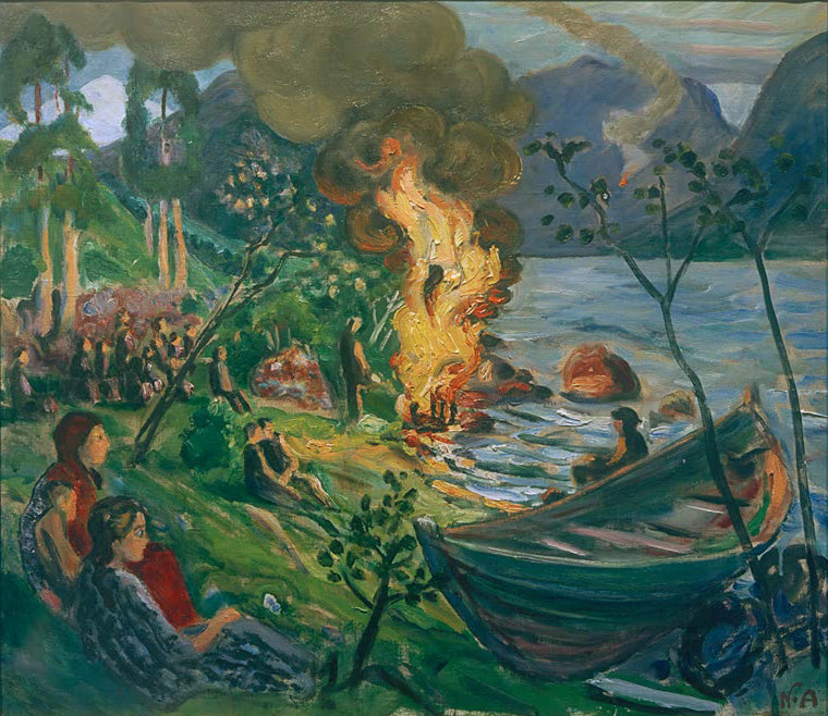Kunstdruck Freudenfeuer in der Mittsommernacht von Nikolai Astrup zeigt Menschen am See Jølstravatnet, tanzend um ein großes Feuer in der Sommernacht.