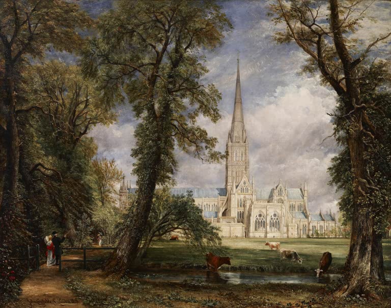 Die Kathedrale von Salisbury vom Garten des Bischofs aus – Gemälde von John Constable mit Landschaft und Architektur.