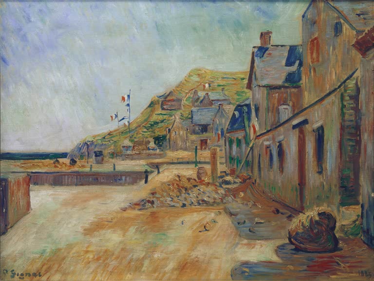 „Port-en-Bessin am 14. Juli“ von Paul Signac – farbenfrohe Hafenszene am französischen Nationalfeiertag mit Booten und Küstenlandschaft.