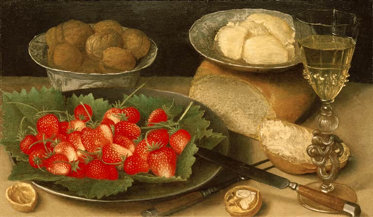 Mahlzeit mit Erdbeeren von Georg Flegel – klassisches Stillleben mit Früchten und Brot