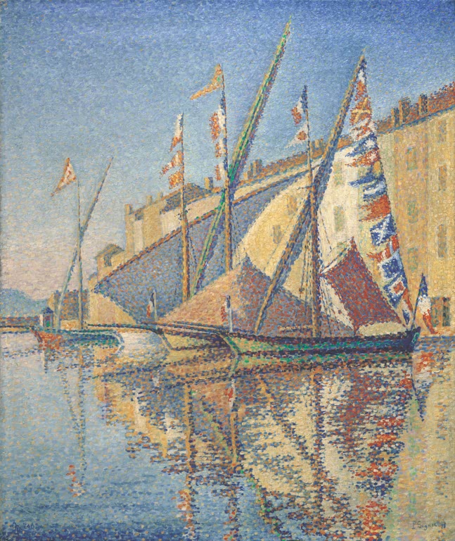 „Segelboote Saint-Tropez“ von Paul Signac – farbenfrohe mediterrane Küstenlandschaft mit Segelbooten und blauem Meer.