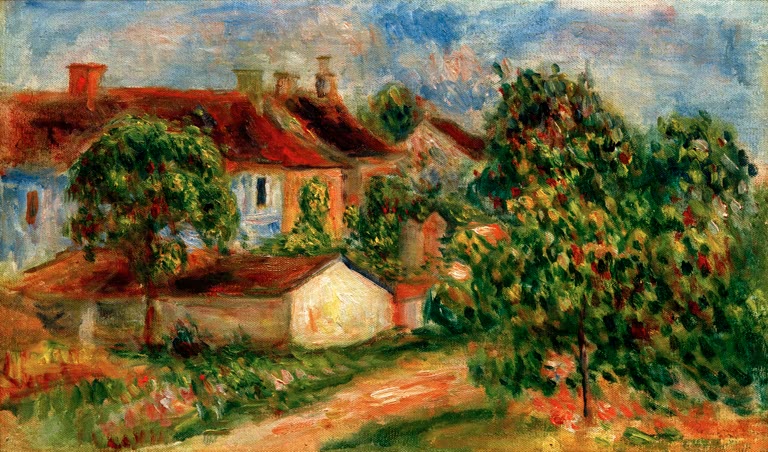 Impressionistisches Gemälde "Maisons de village" von Pierre-Auguste Renoir mit idyllischen Dorfhäusern in warmen Farben.