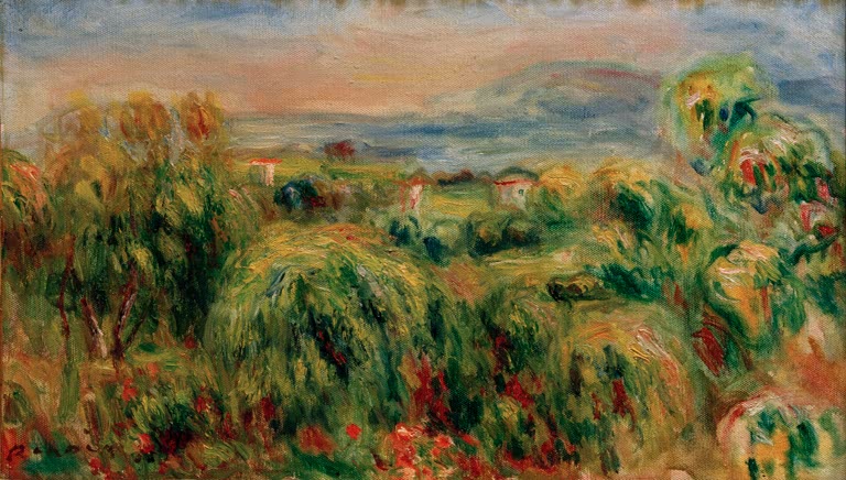 Impressionistisches Gemälde "Cagnes" von Pierre-Auguste Renoir mit mediterraner Landschaft und Blick auf Häuser in Südfrankreich.