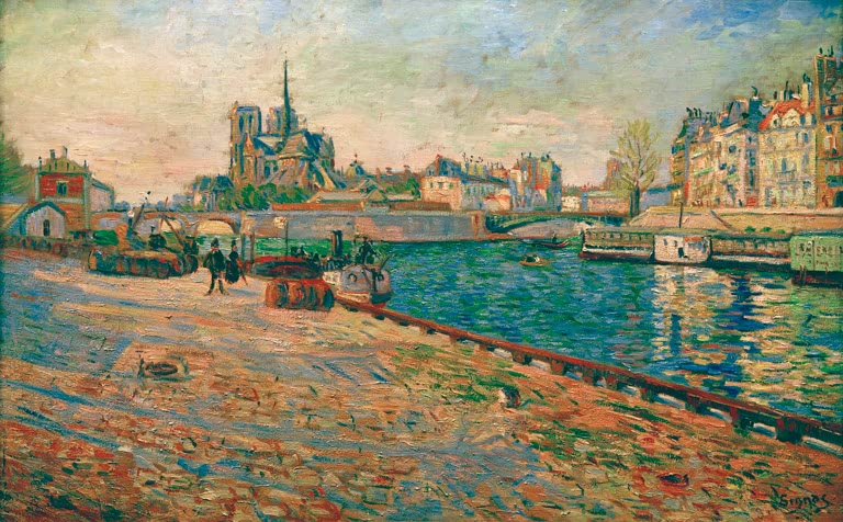 „Notre-Dame“ von Paul Signac – Ansicht der Pariser Kathedrale Notre-Dame mit der Seine in neoimpressionistischer Malweise.