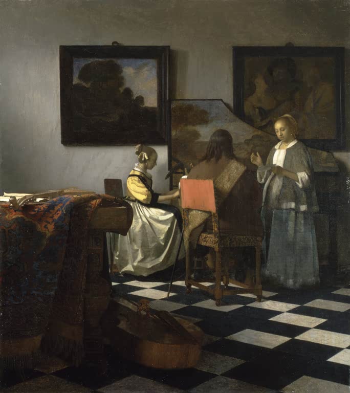 Gemälde „Das Konzert“ von Johannes Vermeer mit drei musizierenden Personen im Innenraum