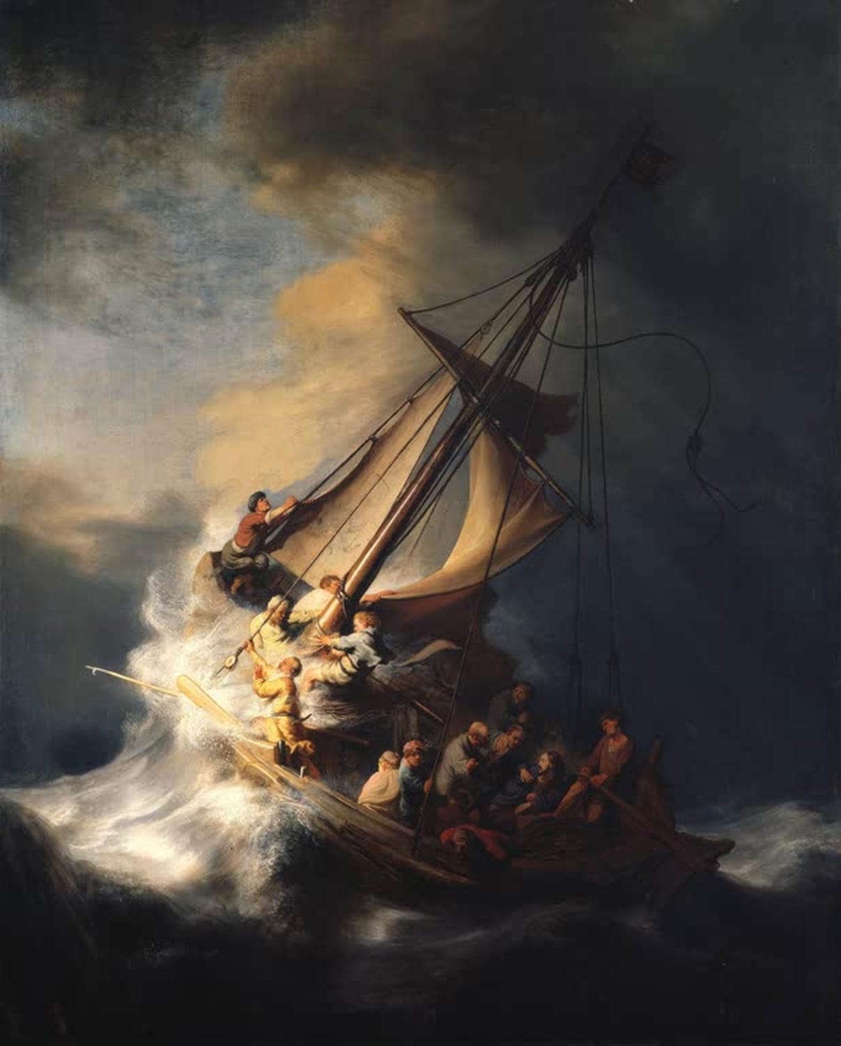 Gemälde „Christus im Sturm auf dem See Genezareth“ von Rembrandt – Jünger kämpfen mit Segelboot im Sturm, Christus bleibt ruhig