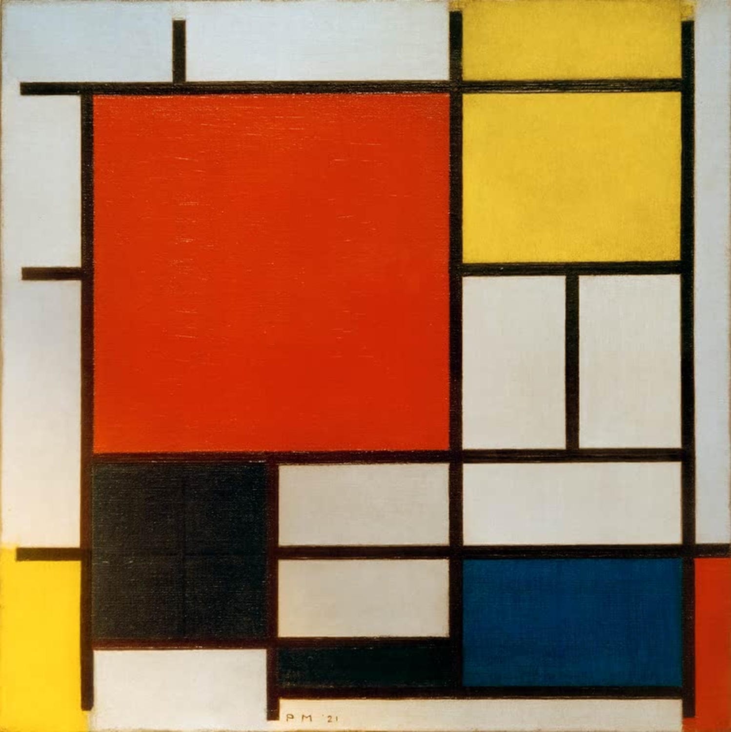 Kunstdruck: Komposition mit großer roter Fläche, Gelb, Schwarz, Grau und Blau | Piet Mondrian