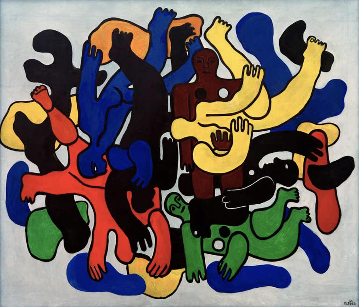 "Schwarze Taucher in Groß" von Fernand Léger – kubistische Darstellung bunter Figuren mit dynamischer Komposition.