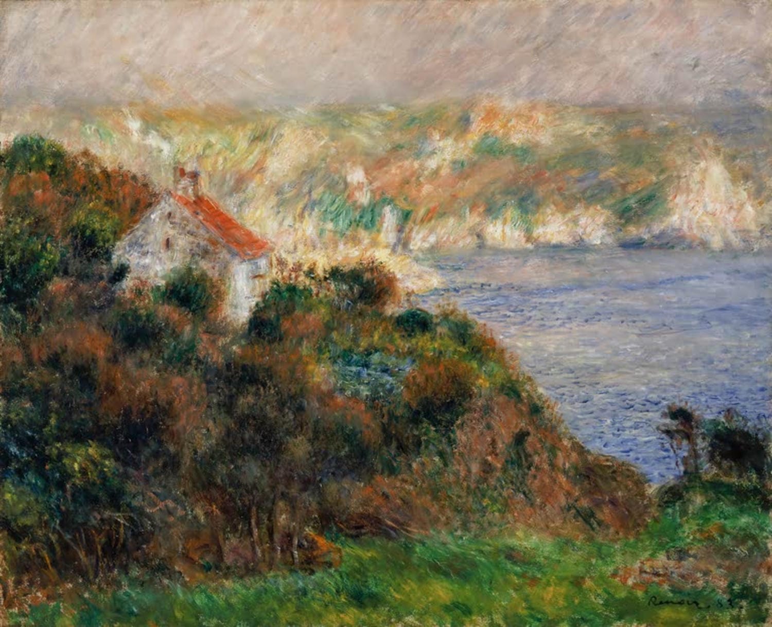 Impressionistisches Gemälde "Nebel auf Guernsey" von Pierre-Auguste Renoir mit Küstenlandschaft, Meer und sanften Nebelschleiern.