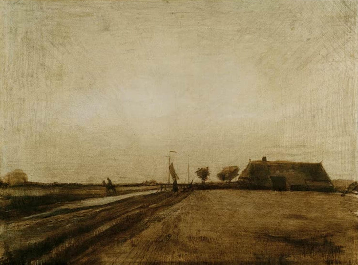 „Landschaft in Drenthe“ von Vincent van Gogh: weite Felder, Wege und Bäume in natürlichen Farben, mit lebendigen, dynamischen Pinselstrichen dargestellt.