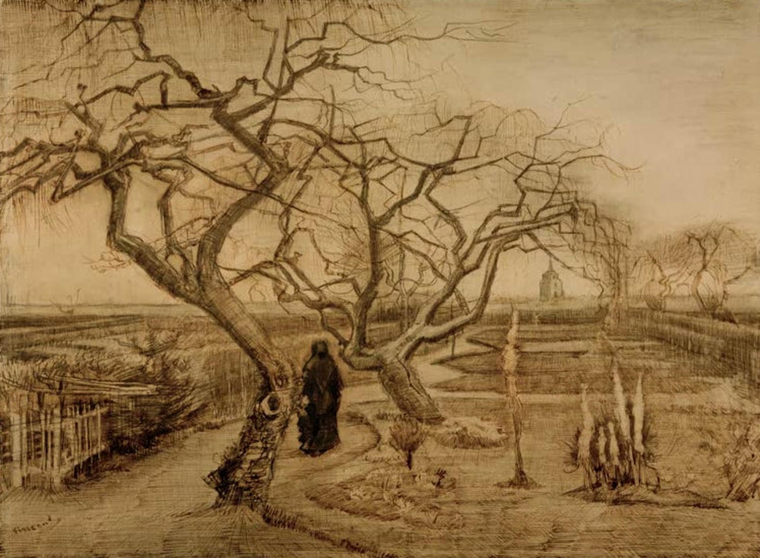 „Garten im Winter“ von Vincent van Gogh – postimpressionistische Wintergarten-Szene mit kahlen Bäumen, stimmungsvoller Farbgebung und expressiven Pinselstrichen.