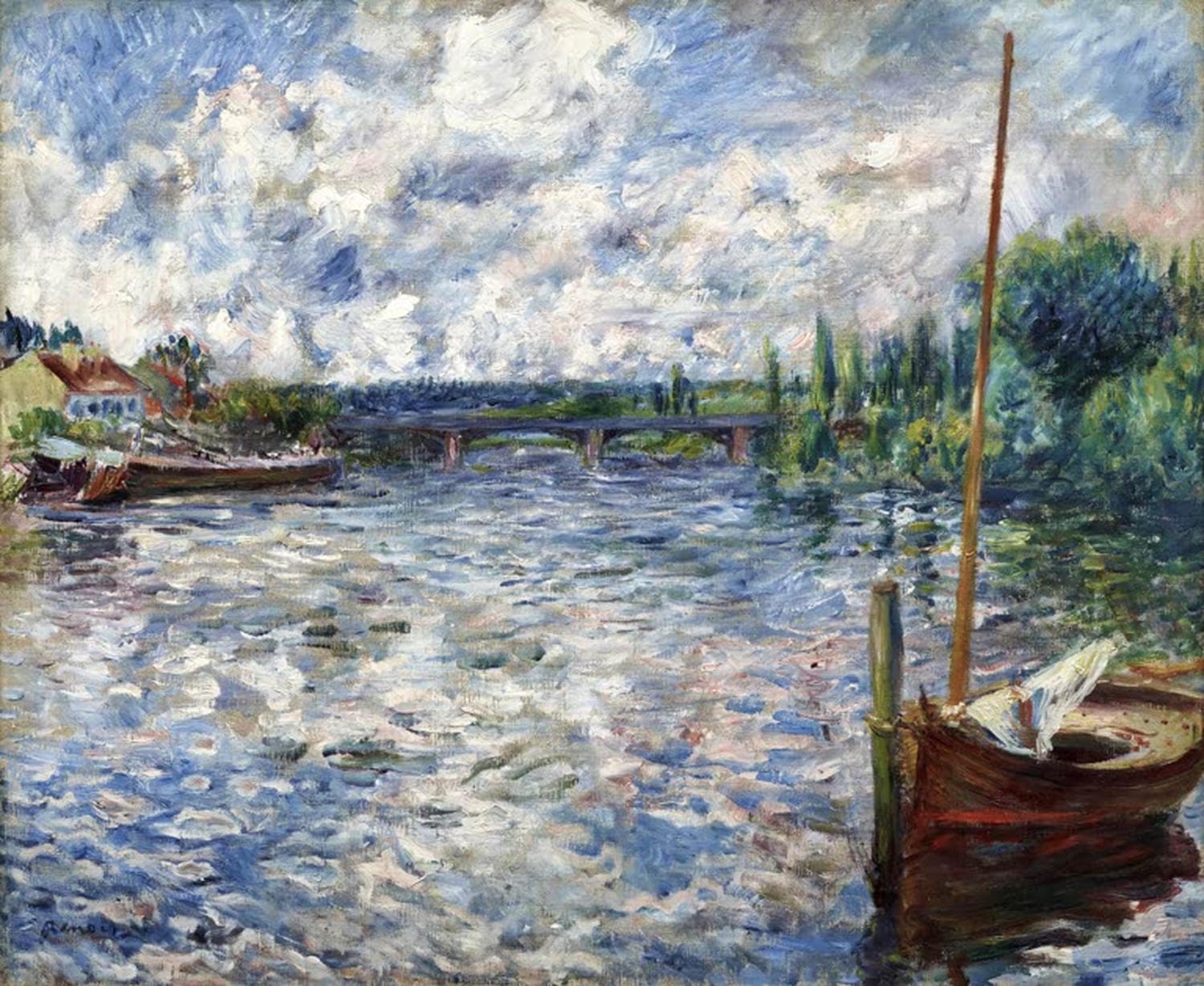Impressionistisches Gemälde "Die Seine bei Chatou" von Pierre-Auguste Renoir mit Flusslandschaft, Bäumen und heiterem Sommerlicht.