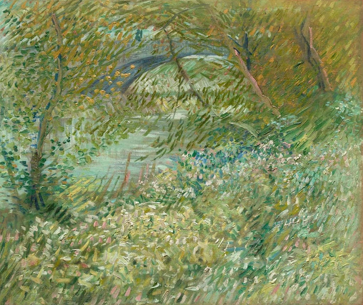 „Flussufer im Frühling“ von Vincent van Gogh: blühende Uferlandschaft mit Wasser und Bäumen, in frischen Farben und lebendigen Pinselstrichen.