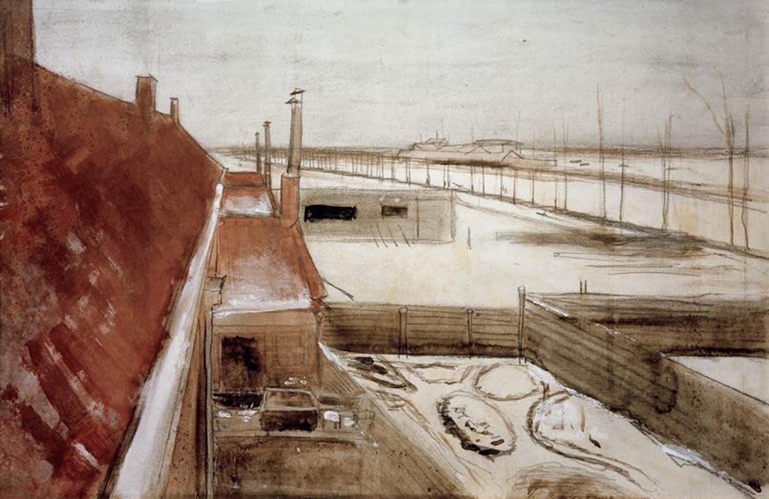 „Blick aus dem Atelier des Künstlers in Den Haag“ von Vincent van Gogh: Innenansicht des Ateliers mit Blick auf Fenster und Stadtlandschaft, in kräftigen Farben und dynamischen Pinselstrichen dargestellt.