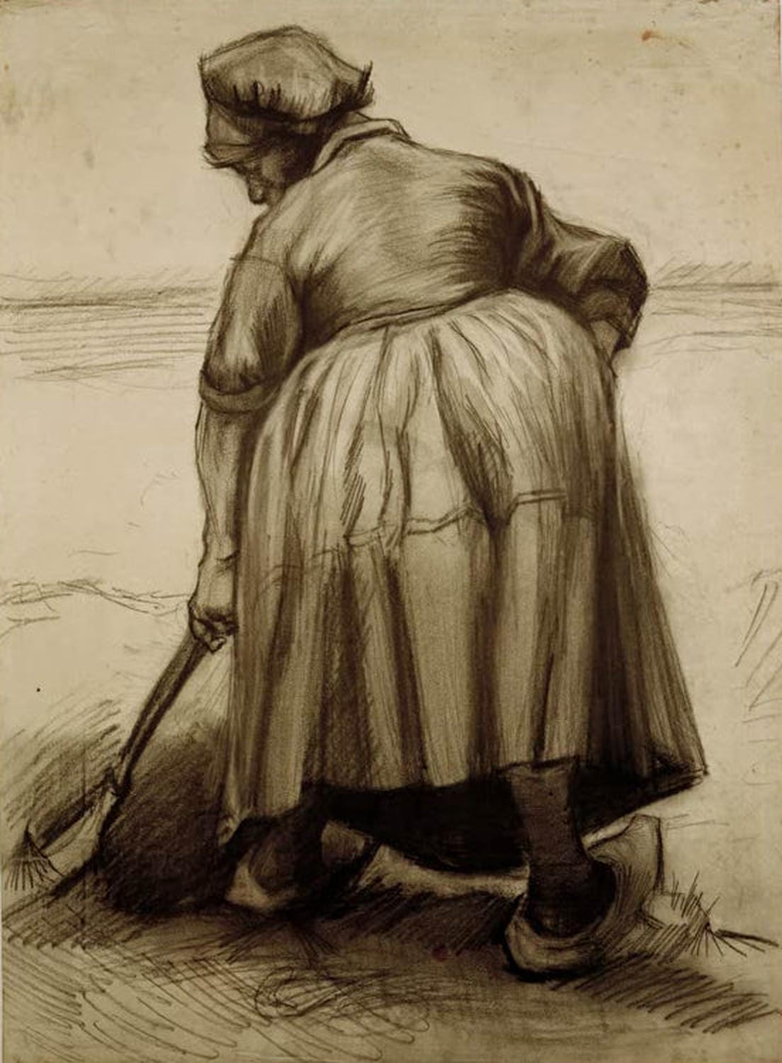 Kunstdruck des Gemäldes „Bäuerin beim Graben“ von Vincent van Gogh mit einer arbeitenden Frau auf dem Feld, lebendigen Farben und expressiven Pinselstrichen.