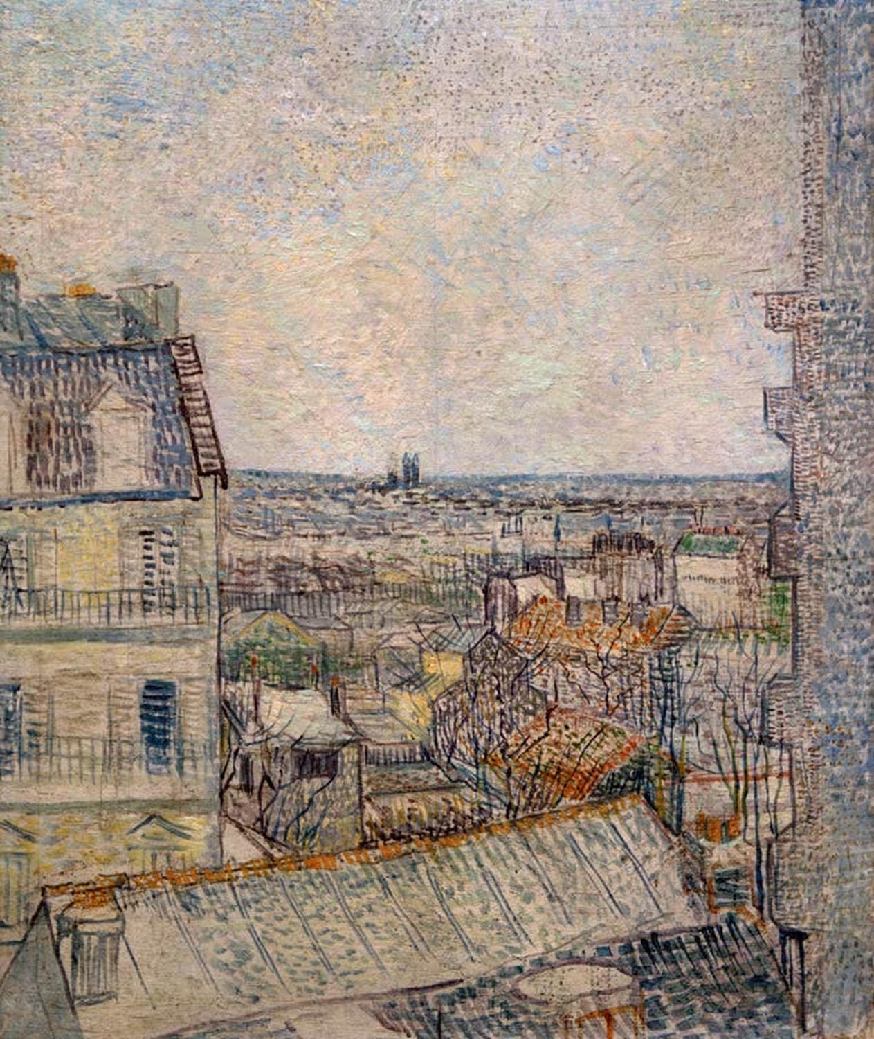 Kunstdruck des Gemäldes „Blick aus dem Fenster der Wohnung in der Rue Lepic“ von Vincent van Gogh mit Stadtblick und Häusern in lebendigen Farben