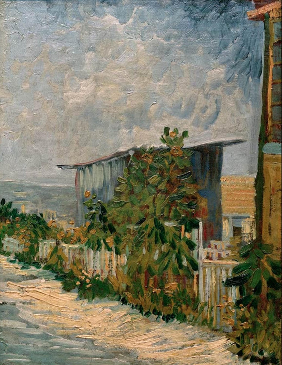 „Schuppen mit Sonnenblumen“ von Vincent van Gogh: ein kleiner Schuppen umgeben von leuchtenden Sonnenblumen, in kräftigen Farben und dynamischen Pinselstrichen.