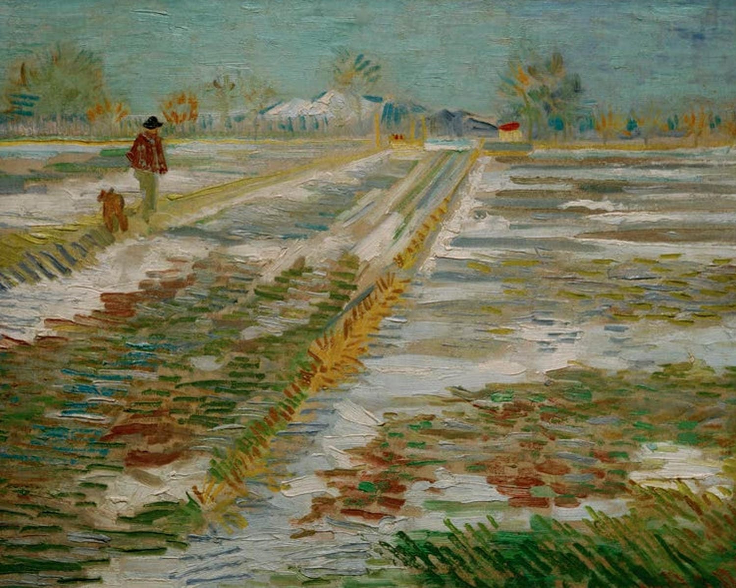 „Landschaft mit Schnee“ von Vincent van Gogh: verschneite Felder und Bäume in kühlen Farben, mit kräftigen, sichtbaren Pinselstrichen gemalt.