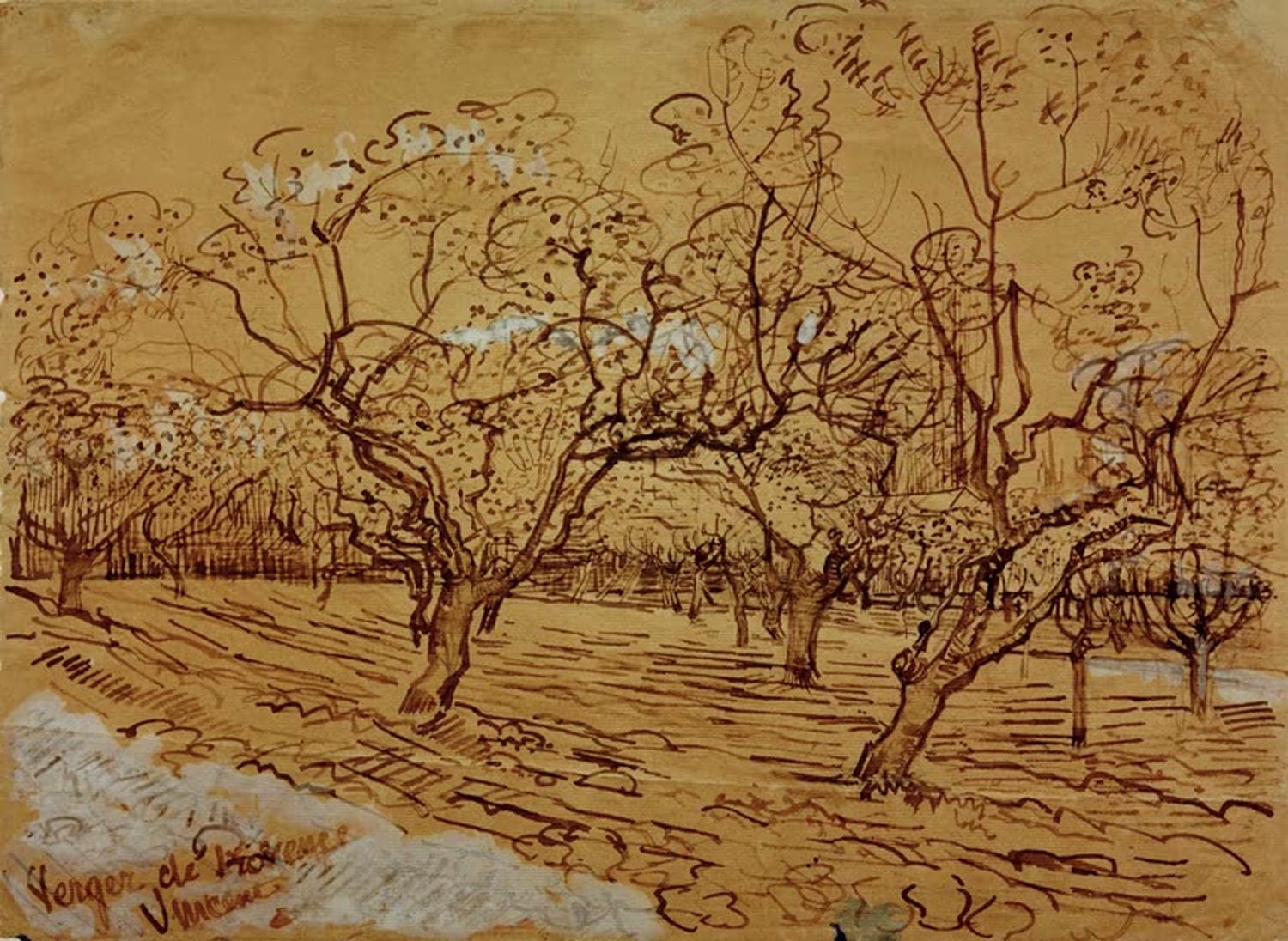 Kunstdruck des Gemäldes „Provenzalischer Obstgarten“ von Vincent van Gogh mit bunten Obstbäumen, blühenden Pflanzen und lebendigen, impressionistischen Farben.