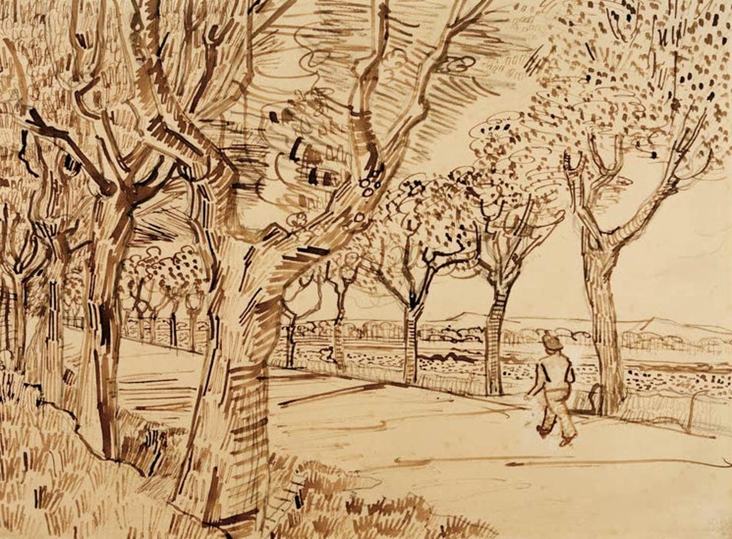 „Straße nach Tarascon“ von Vincent van Gogh – postimpressionistische Landschaft mit Dorfstraße, expressiven Farben und dynamischem Himmel.